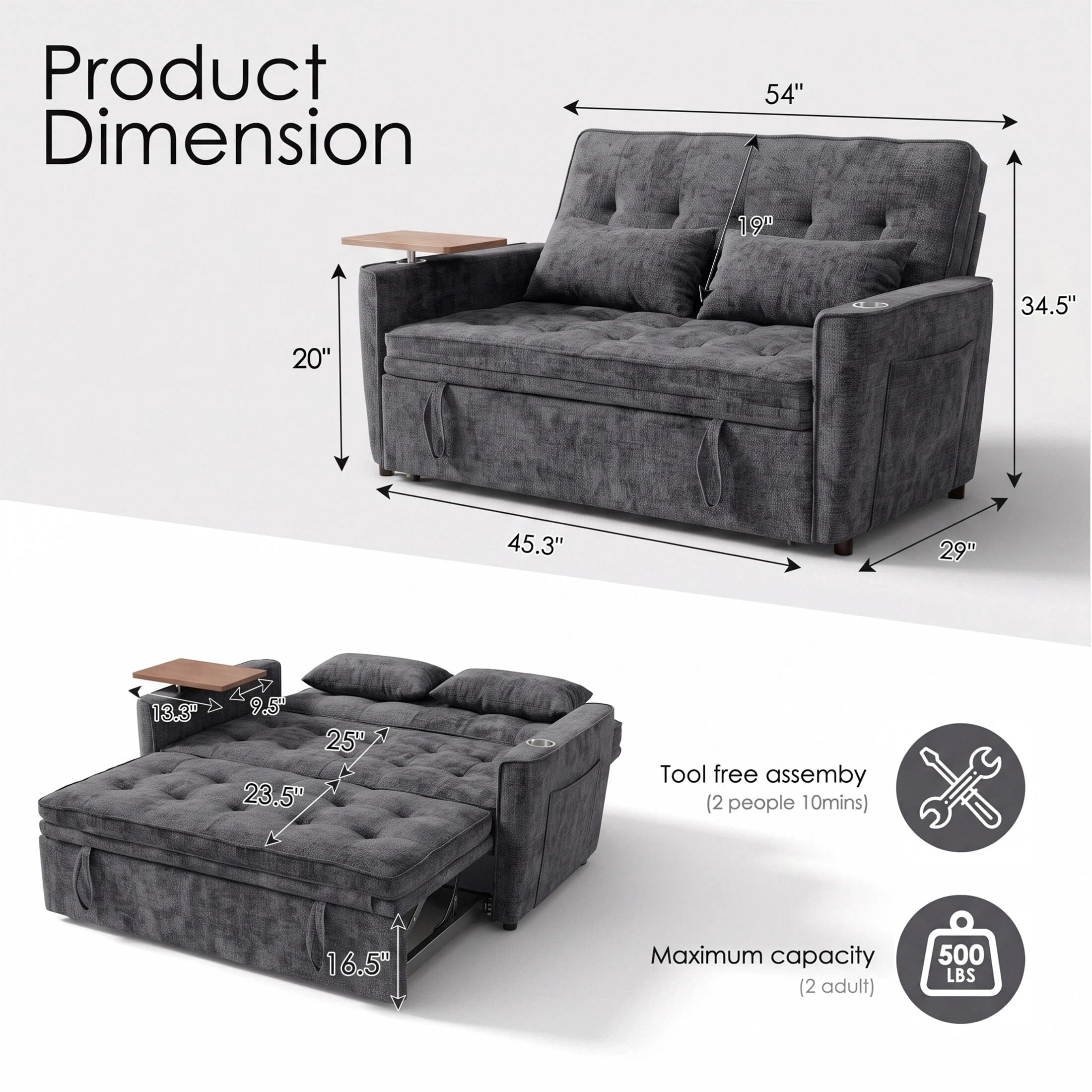 AISWORD 54" Convertible Pull Out Sleeper Sofa Bed, Chenille Loveseat Couch with USB Port, Side Tray Table, Cup Holder, Storage Pockets & Adjustable Backrest for Small Spaces, Dark Gray