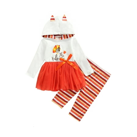 

TheFound Toddler Baby Girls Thanksgiving Outfits Cartoon Ear Turkey Hooded Mesh Dress Tops+Striped Pants Clothes