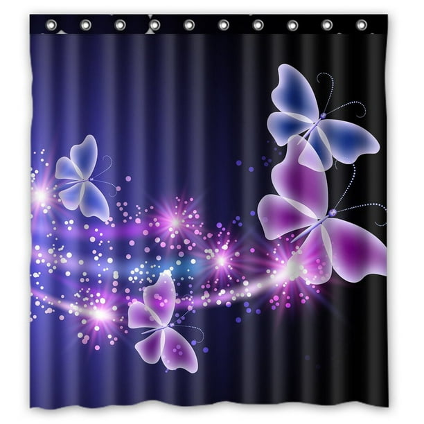 GCKG Rose Violet Papillon Brillant Lumière sous le Ciel Bleu Imperméable Rideau de Douche en Polyester et Crochets Taille 66x72 Pouces