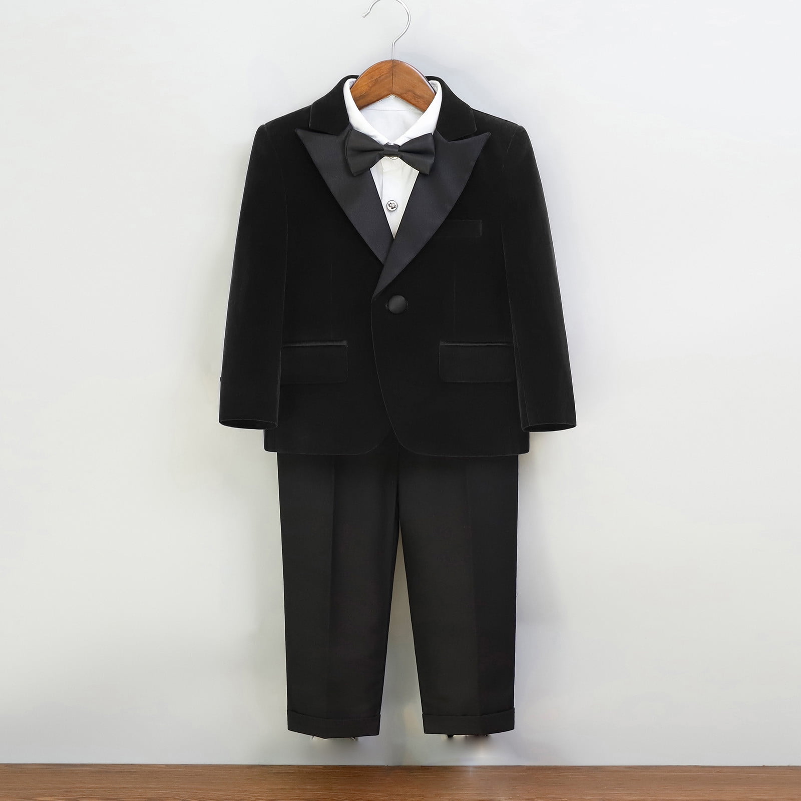 Boys Suits Wedding Ring Bearer Outfits with Blazer Jacket Dress Shirt & Pants Bow Tie 4 Piece Tuxedo Set