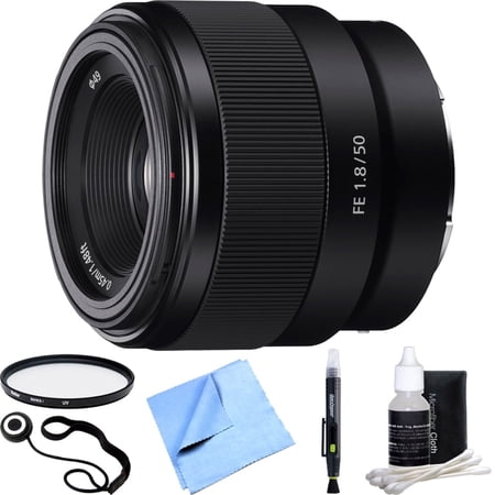 Sony FE 50mm F1.8 Full-frame Prime E-Mount Lens SEL50F18F Essential Accessory Bundle includes Lens 49mm UV Filter Lens Cap Keeper Cleaning Pen Cleaning Kit and Beach Camera Cloth