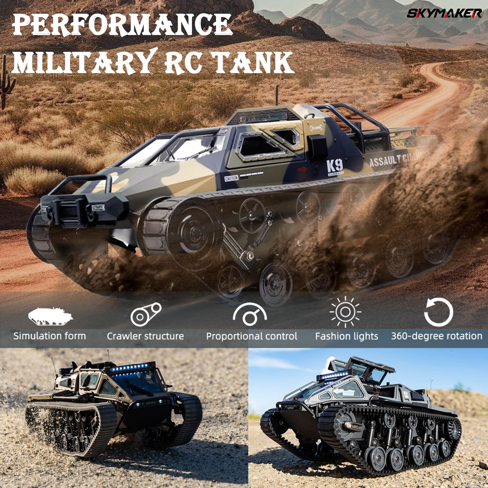RC Tank Car, 1:12 Remote Control Crawler High Speed Tank, 2.4Ghz RC Rock Crawler Off-Road 4WD with 2 Battery, Military Truck Toy for Adults and Kids