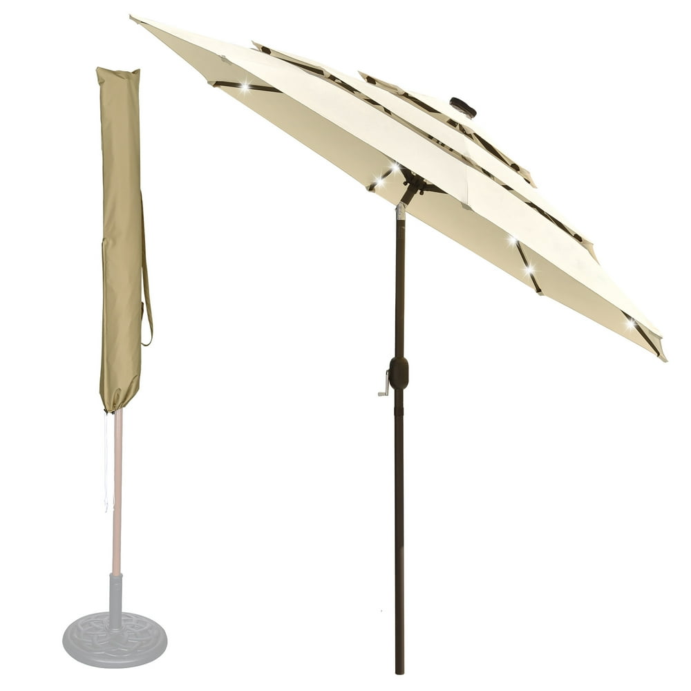 9 Ft 3 Tier Patio Umbrella with Protective Cover Solar LED Crank