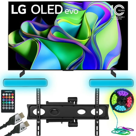 LG OLED42C3PUA OLED evo C3 42 Inch HDR 4K Smart OLED TV (2023) Bundle with Monster TV Full Motion Wall Mount for 32"-70" with 6 Piece Sound Reactive Lighting Kit