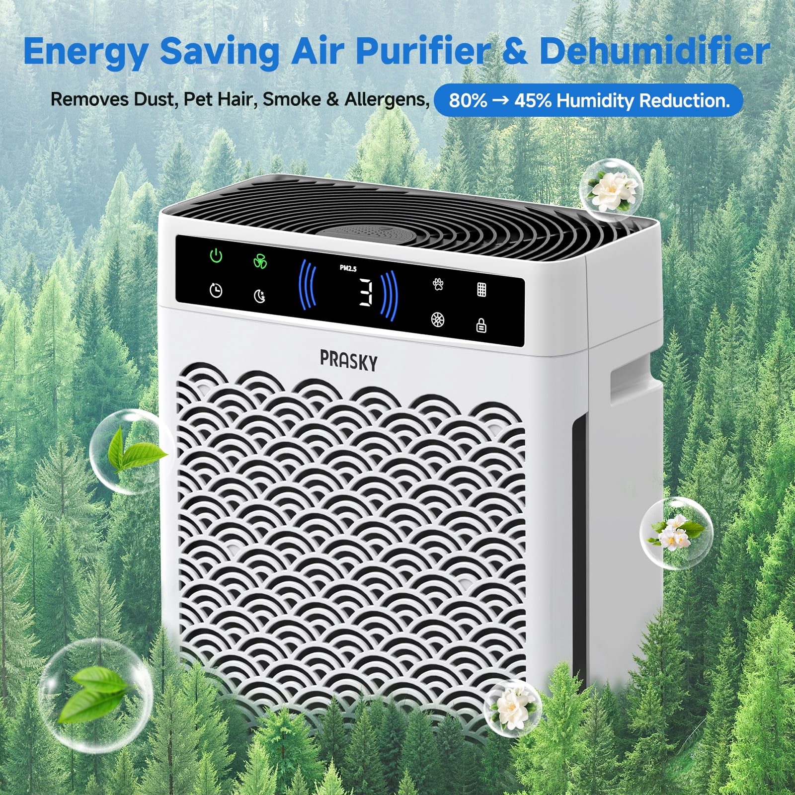 PRASKY Air Purifier for Home Large Room up to 2250 Sq ft, True HEPA Filter for Pets, Smoke & Allergies | Quiet for Bedroom (White)