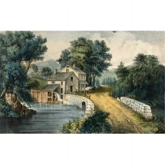 The Roadside Mill 1870 Currier & Ives 1834 -1907 American Lithograph Poster Print - 18 x 24 in.