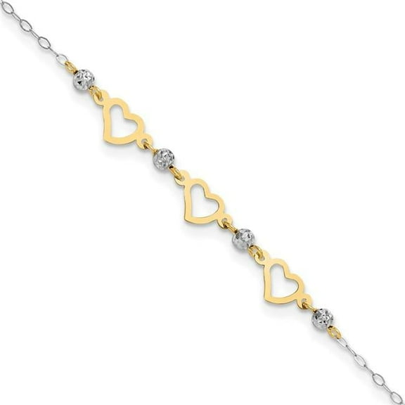 Primal Gold 14 Karat Two-Tone Oval Link Diamond-cut Beads and Heart 9-inch Plus 1-inch Extension Anklet