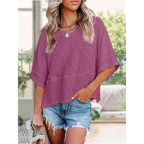 Women Crew‑Neck Batwing Half‑Sleeve Tee, Solid‑Color Loose‑Fit Flowy Casual Summer Tops