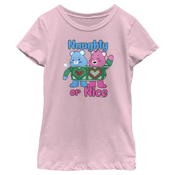 Girl's Care Bears Christmas Cheer Bear and Grumpy Bear Naughty or Nice Graphic Tee Light Pink Small