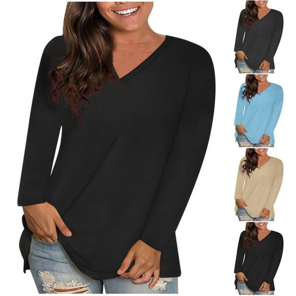 breaise Womens Long Sleeve Shirts Plus Size V Neck Casual Tops Loose Solid T-shirt Pullover S-5XL Sans frais de transport
