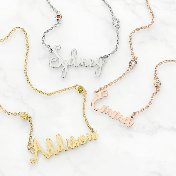 Personalized Planet Sterling Silver Whimsical Script Name and Birthstone Necklace ,Women's