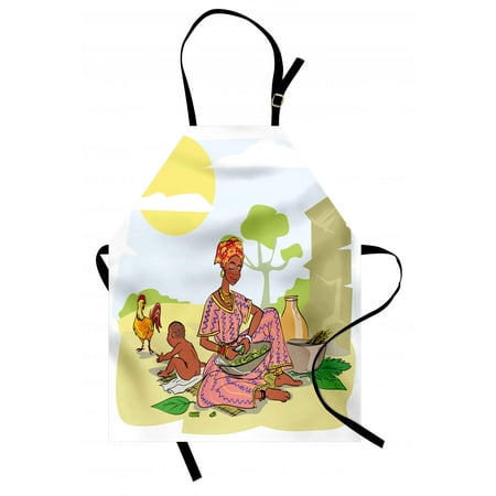 African Woman Apron Mother with Her Baby Cooking Dinner Time Rooster Vegetables Maternity Theme, Unisex Kitchen Bib Apron with Adjustable Neck for Cooking Baking Gardening, Multicolor, by