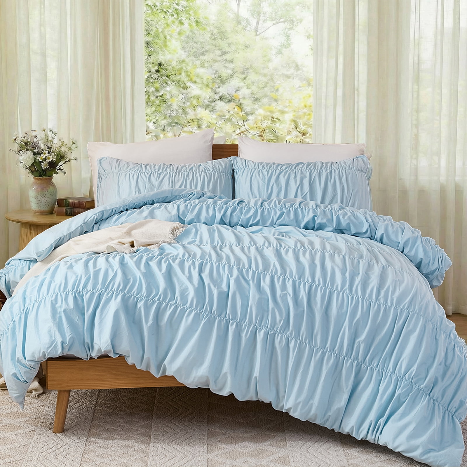 100% Cotton Blue Wrinkle Duvet Cover Set Queen Size,Ruched Bedding Comforter Cover,Shabby Chic Ruffled 3 Pcs Queen Duvet Cover Set,Bohemian Boho Bedding Set with Zipper 1 Duvet  Cover 2 Pillowcases