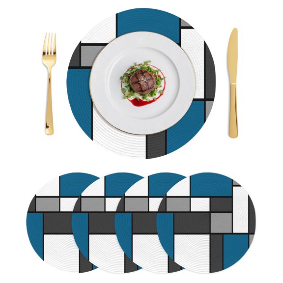 Round Placemats Blue Grey Blocks 15 inch Set of 4 Table Mats for Dining Table Modern Abstract Geometric Heat Resistant Non-Slip Kitchen & Home Decorative Place Mat Set