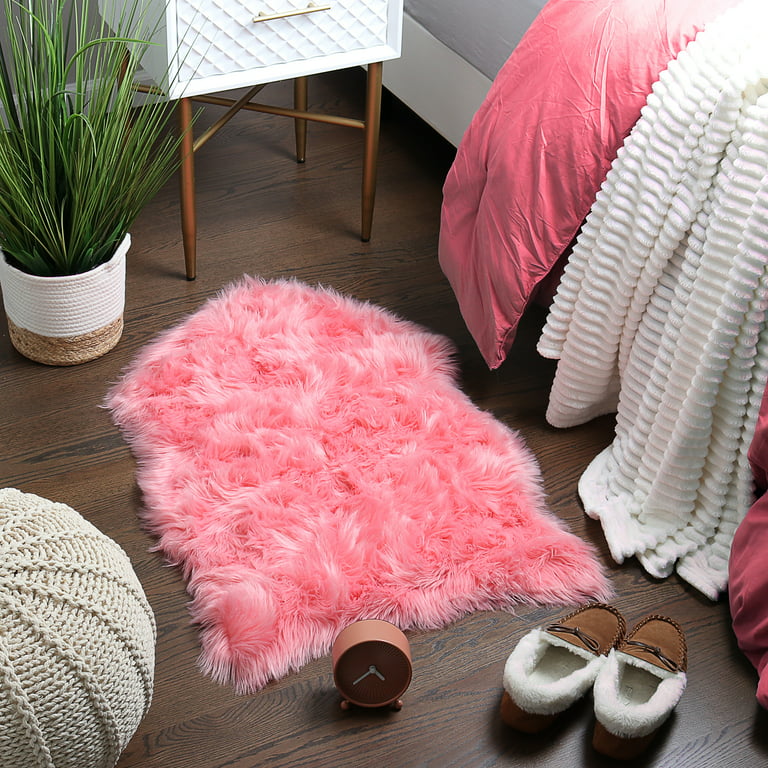 Clara Clark Faux Fur Sheepskin Rug Light Pink, Furry Rugs for Vanity SEATS Chairs Cover - Plain Shaggy Area Luxury Home Throw Plush Seat Pad, Bedroom