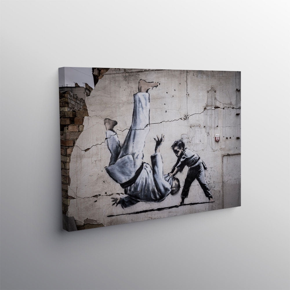 Banksy Judoka 3D Canvas, Handmade Gift, Painting Poster, Judoka Graffiti Wall Hanging, Banksy Boy Art Canvas, 8D Canvas, Decor Canvas(40" W x 30" H，Framed)