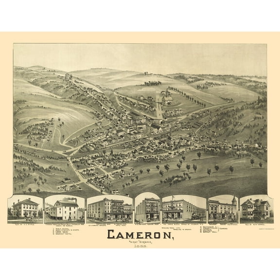 Historic Panoramic View - Cameron West Virginia - Fowler 1899 - Vintage Wall Art