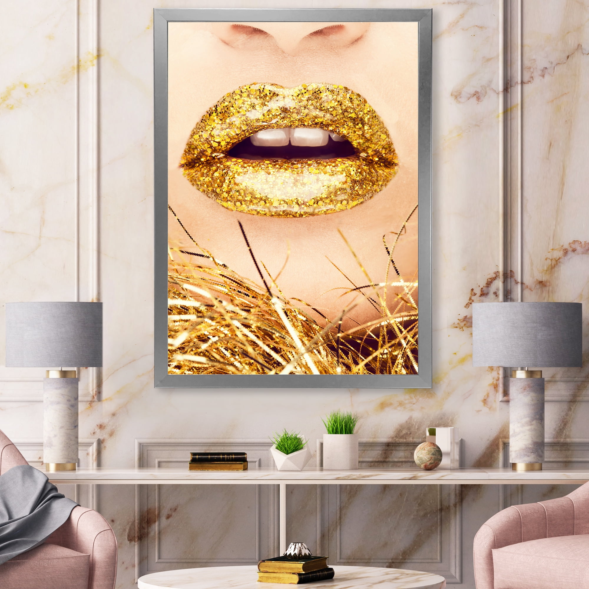 Designart 'Close-Up Of Golden Female Lips I' Modern Framed Art Print