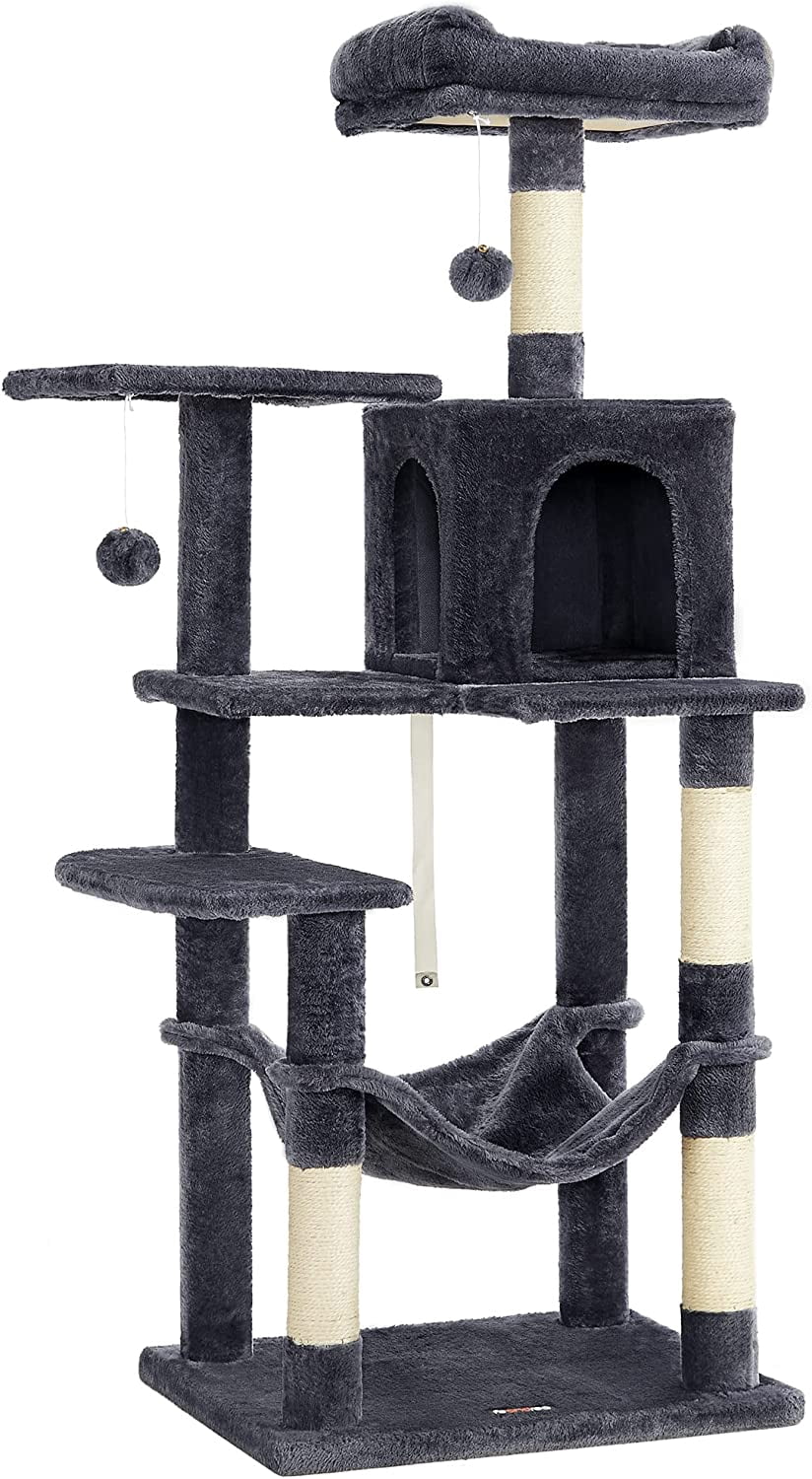 56.3'' Cat Tree Tower for Indoor Cats ,Multi-Level Cat Condo Cat Furniture with Scratching Posts, Perches, Hammock, Cave ,Smoky Gray