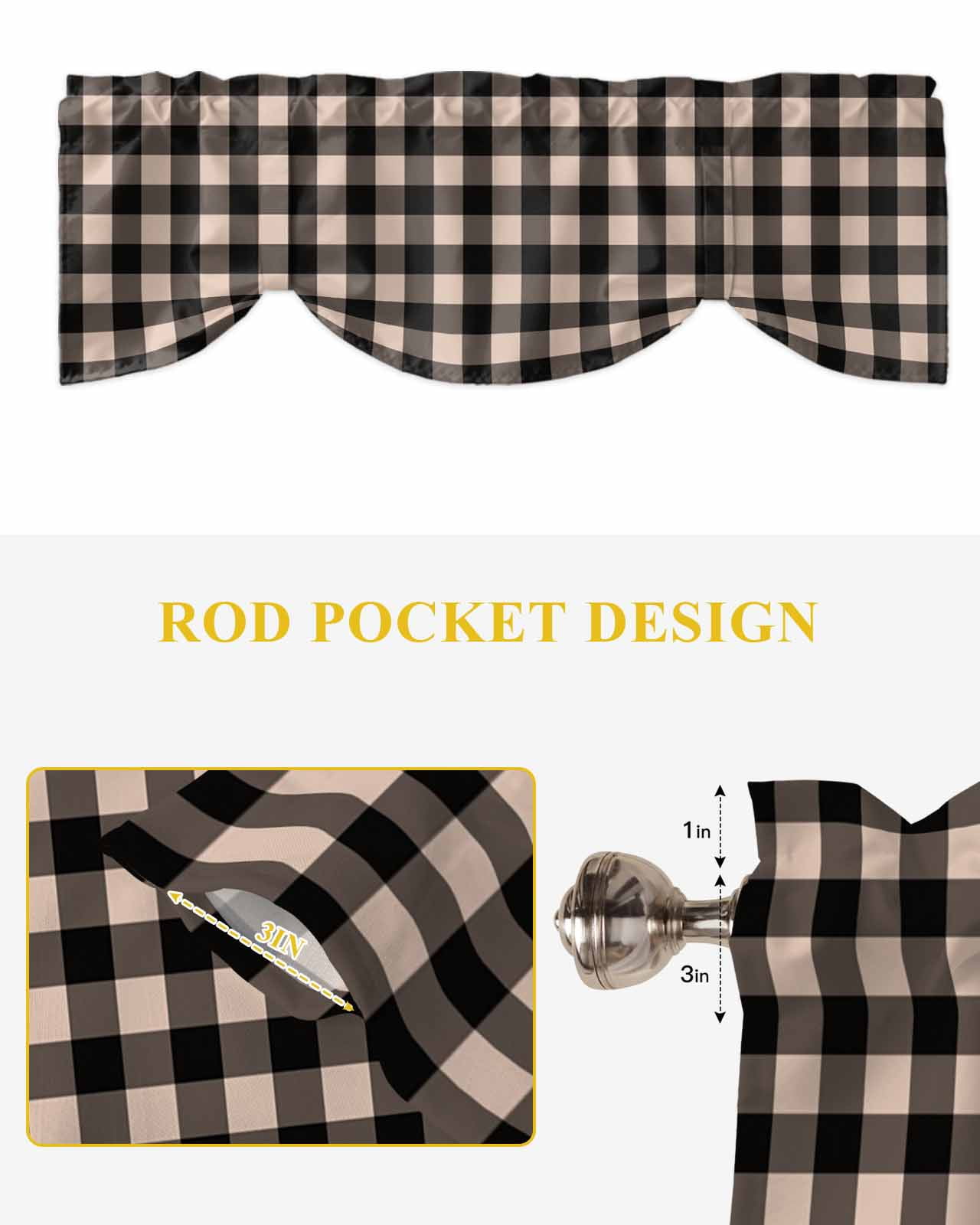 Black Brown Retro Plaid Tie Up Valances Curtain, Pastoral Plaid Vintage Style Kitchen Valances for Windows Decor, Rod Pocket Short Curtains Set for Bedroom/Bathroom, 54"x18"