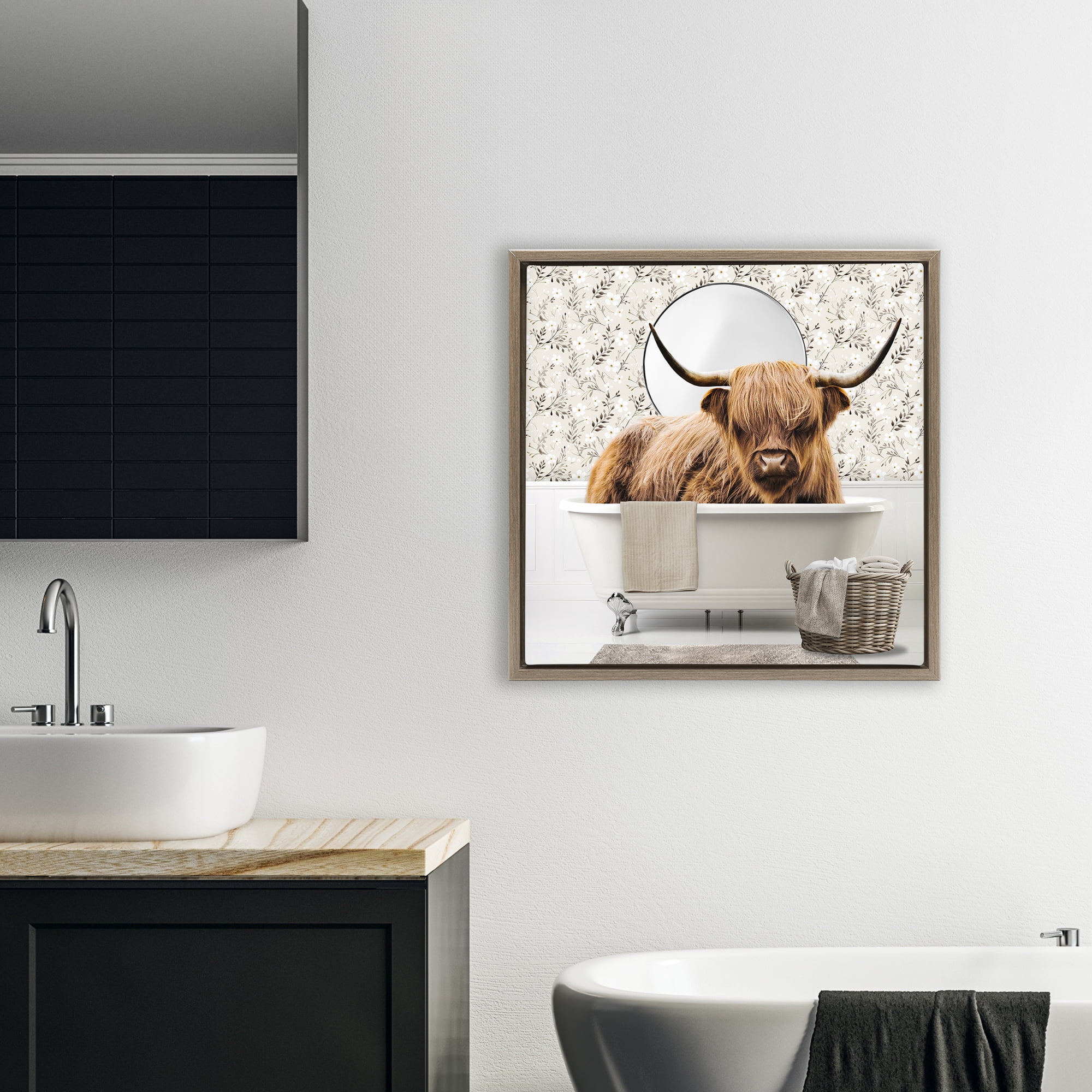 Stupell Industries Cottage Cattle Bath Time Brown Framed Floater Canvas Wall Art, design by CAD Designs