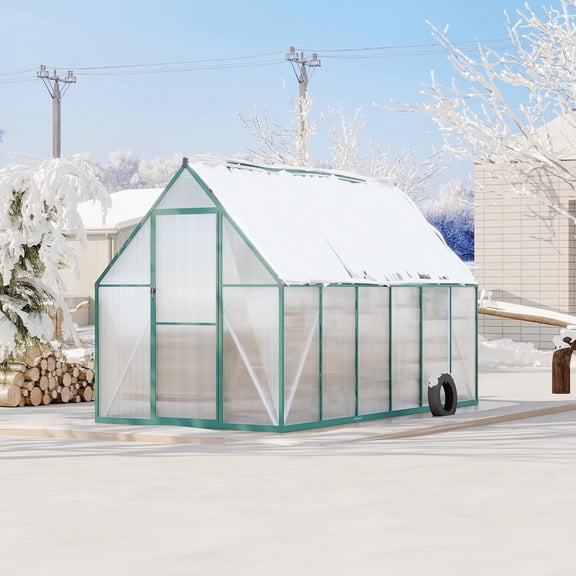 QinaQin 6x11FT Outdoor Greenhouse,Large Walk-in Polycarbonate Green House with Aluminum Frame,Roof Vent,Lockable Push Door & Ground Nails for Garden,Green
