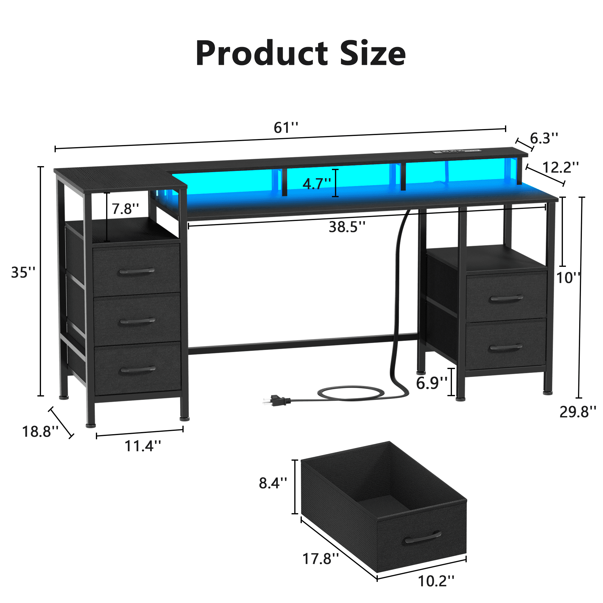 Satifur 61" Computer Desk with LED Lights & Power Outlets, Gaming Desk with 5 Fabric Drawers & Open Shelves, Reversible Home Office Desk,Black