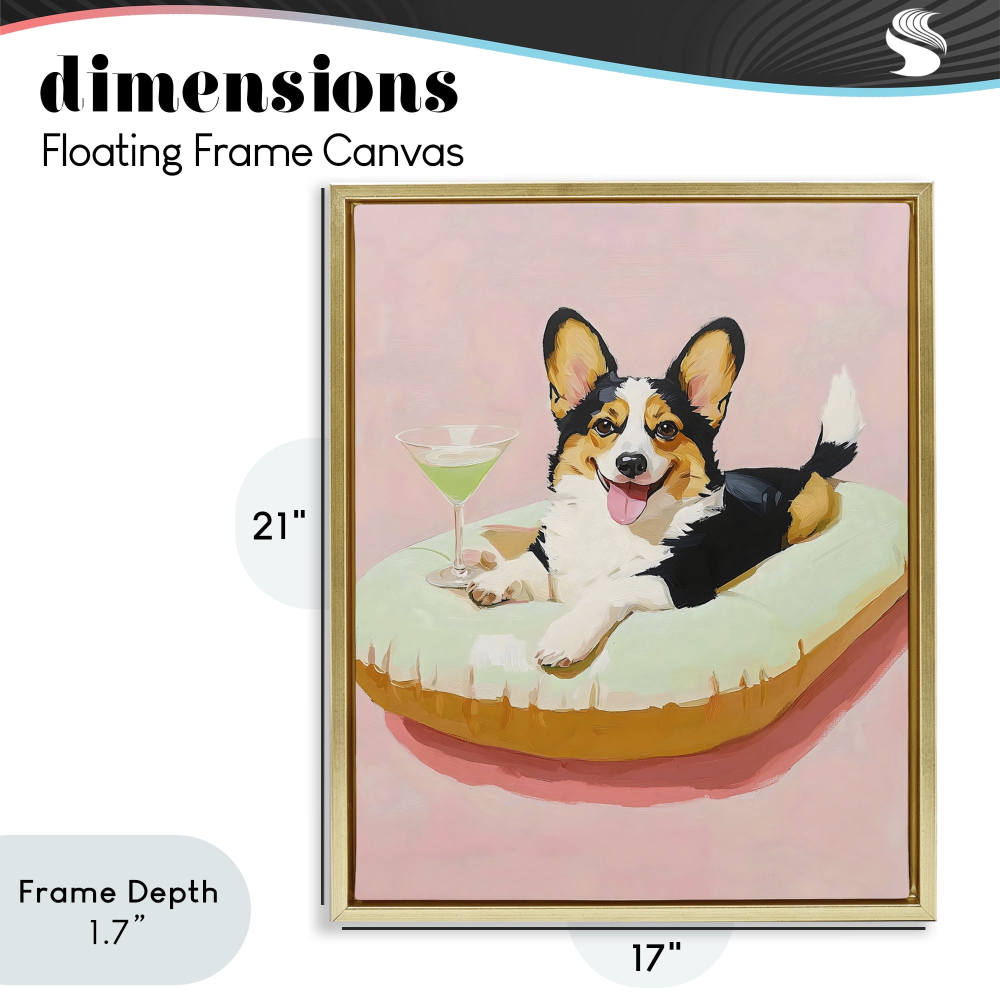 Stupell Industries Pastel Corgi with Cocktail Gold Framed Floater Canvas Wall Art, design by The Prints Vibe
