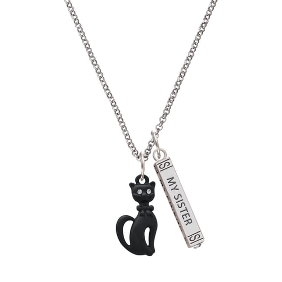 Delight Jewelry Tall Sitting Matte Black Cat Silvertone Always My Sister Bar Charm Necklace, 23"