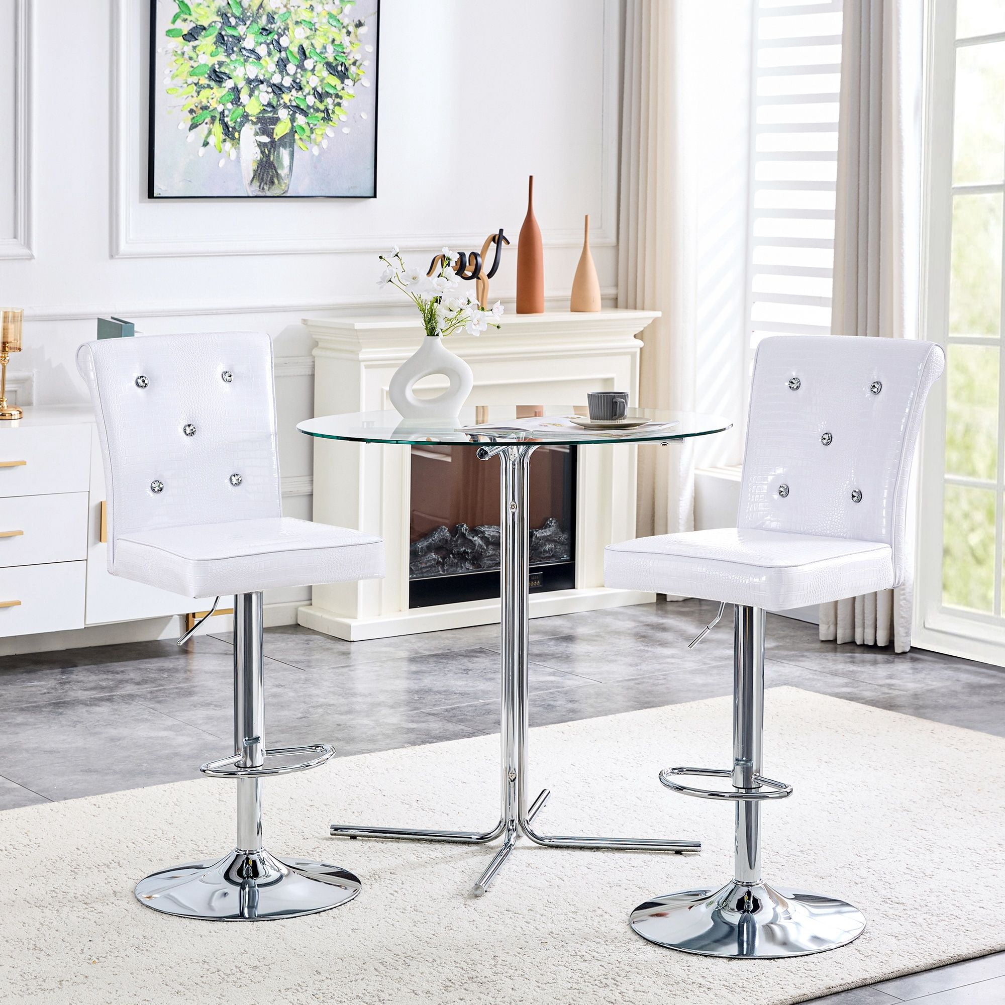 Alvantor Set of 2 White Crocodile Faux Leather Lift Bar Chairs with Crystal Accents