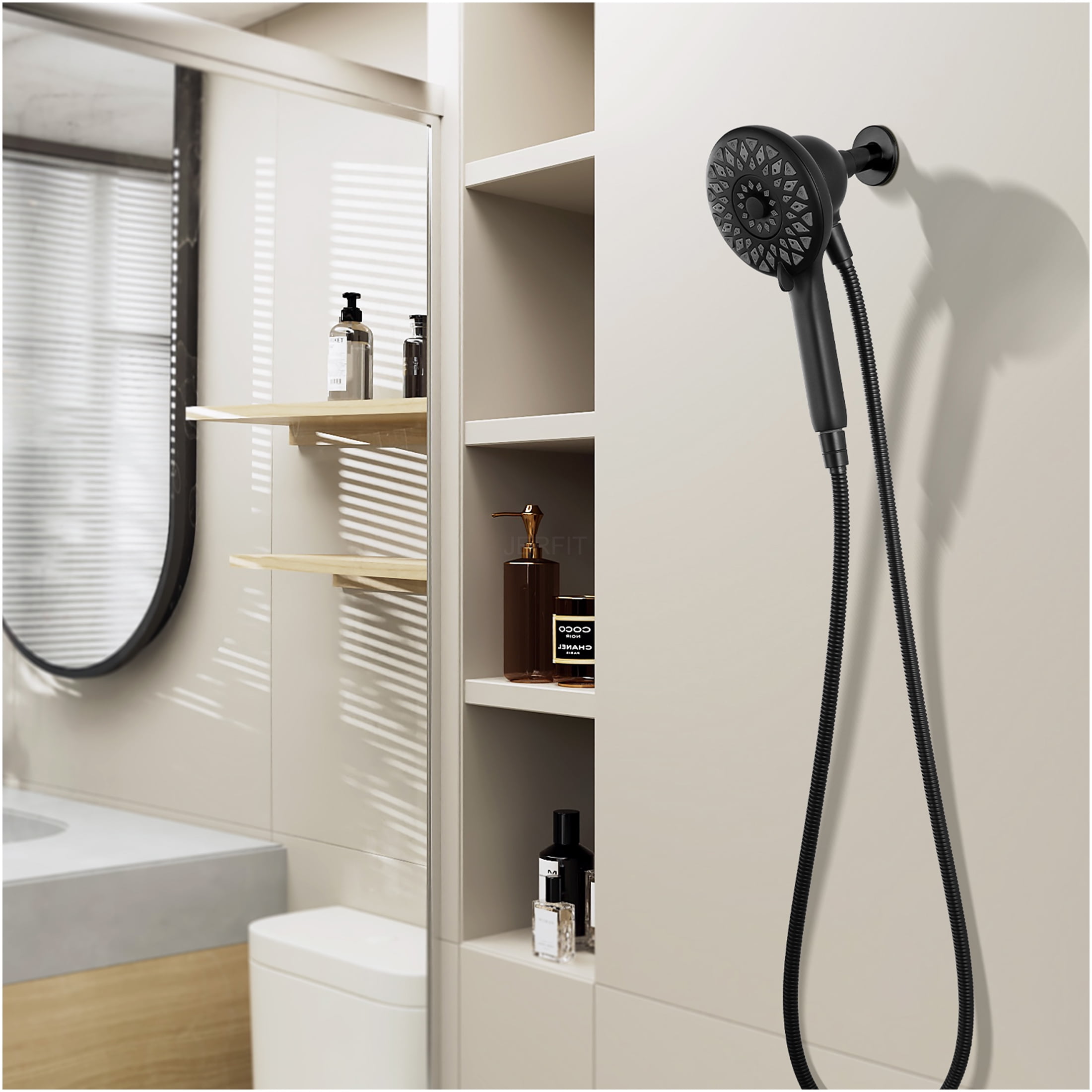 JERFIT Magnetic Handheld Shower Head with 6 Spray Modes, High Pressure Rain Shower Head with 60" Stainless Steel Hose, Matte Black ABS Wall Mount Showerhead for Bathroom
