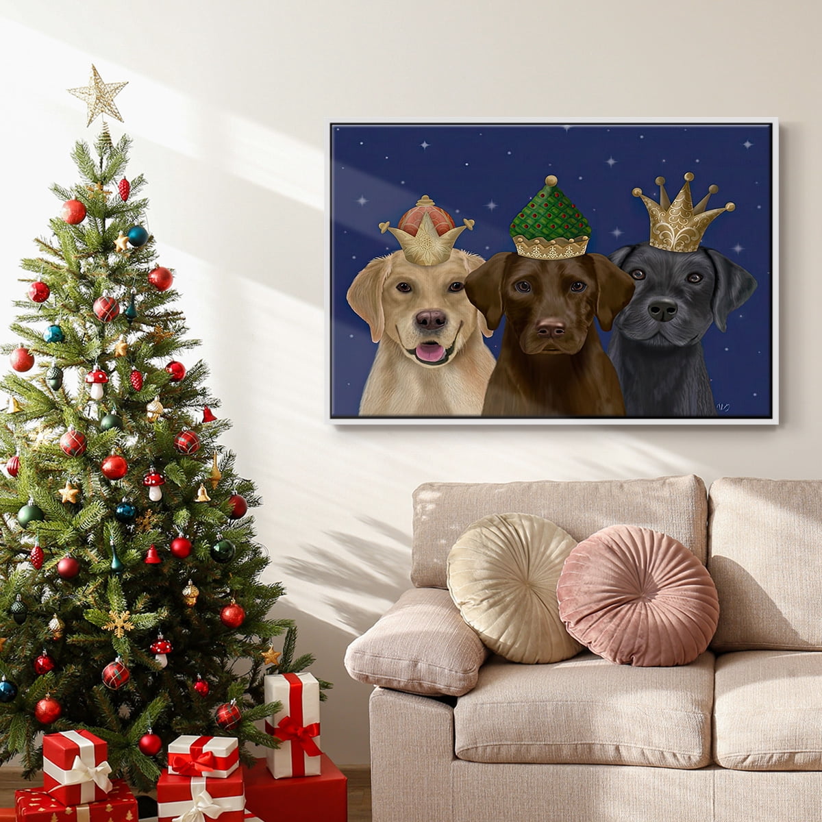 Christmas Labradors, Three Kings - Framed Gallery Wrapped Holiday Canvas - 25 x 37 - White Frame