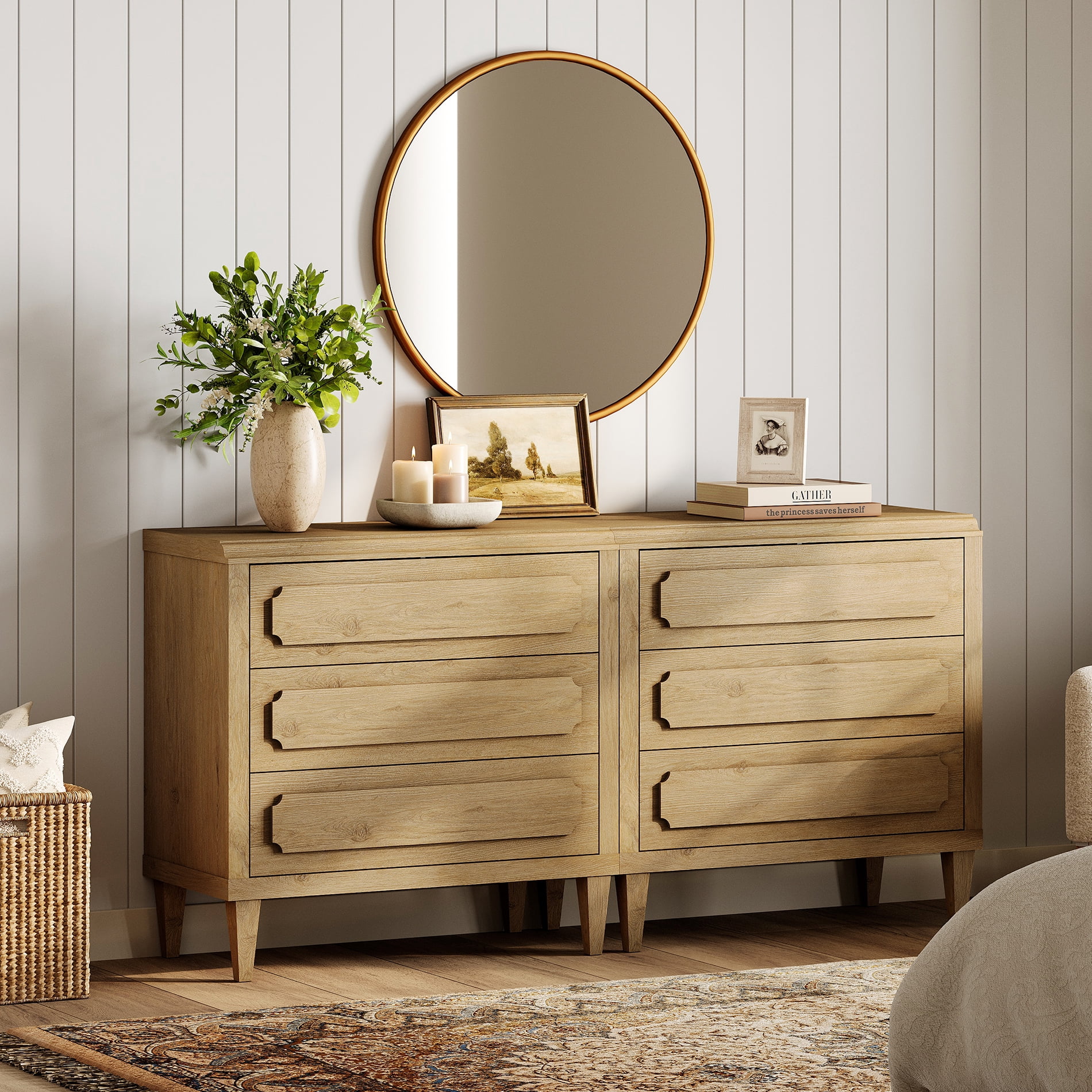 63" Oak Buffet Cabinet with Embossed Drawers, Modern Sideboard with Storage,Oak