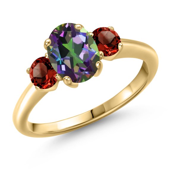 Gem Stone King 2.32 Ct Oval Green Mystic Topaz Red Garnet 18K Yellow Gold Plated Silver Ring (Size 8)