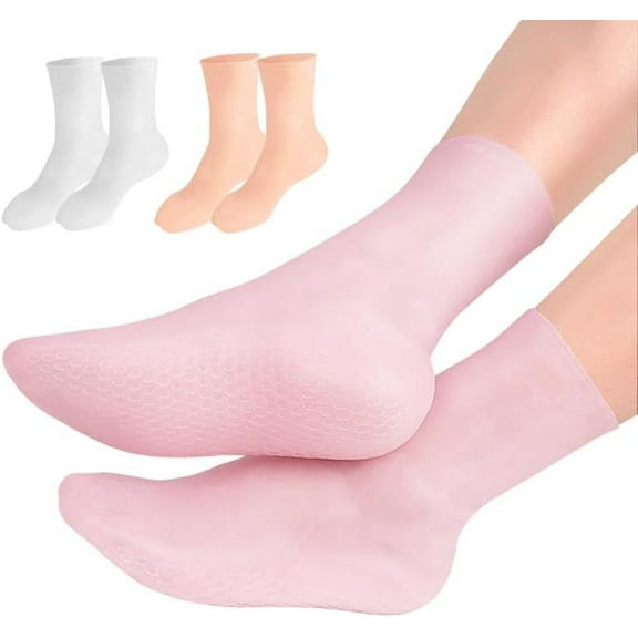 3 Pairs Silicone Moisturizing Socks,Silicone Socks for Dry Cracked Feet Women,Spa Gel Socks Foot Care After Pedicure,High Elastic & Anti Slip(Pink & Beige & White)