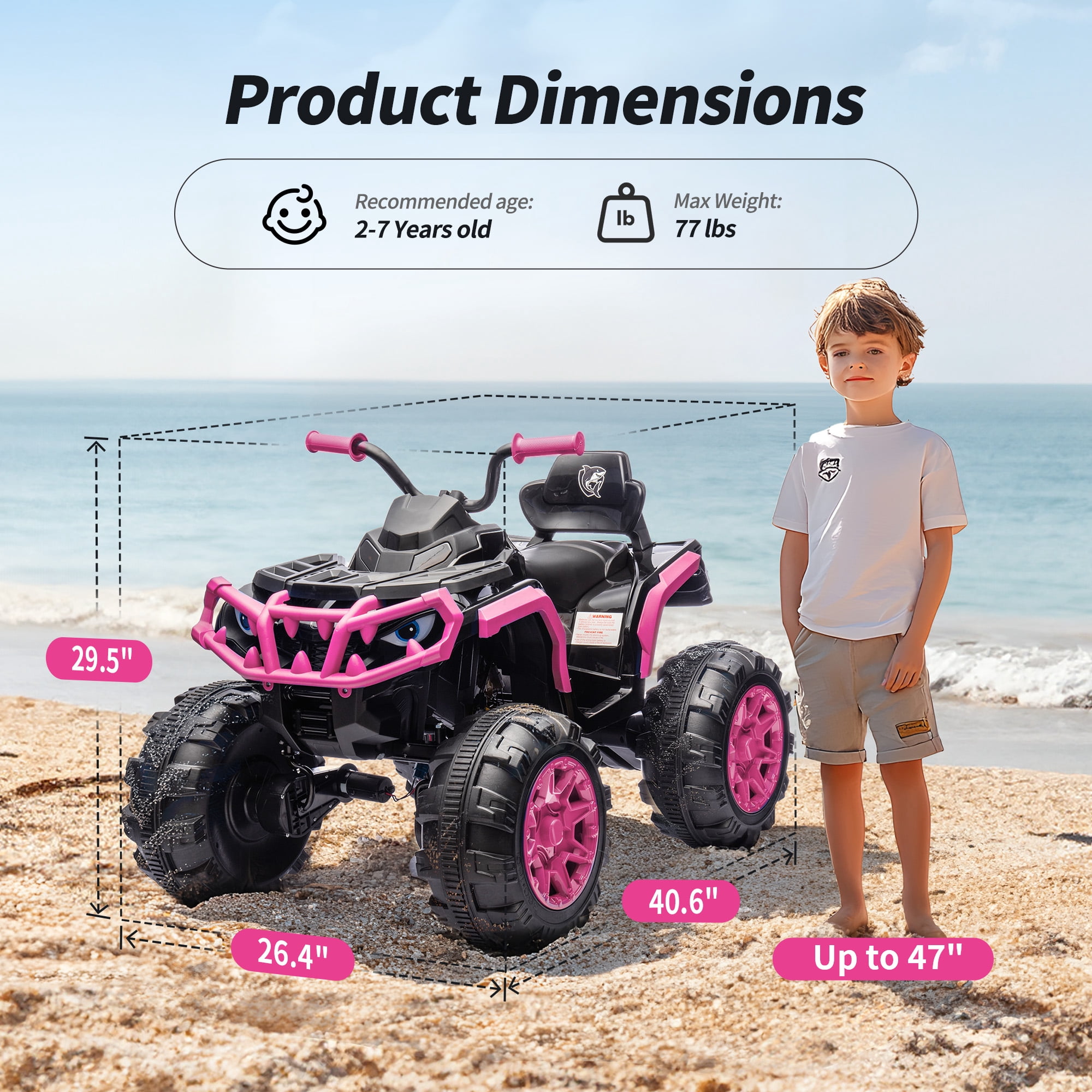 Hikiddo 24V Kids ATV 4-Wheeler, 24 Volt 4WD Ride on Toy for Big Kid w/ 4x200W Motor, 5.6Mph Max Speed - Pink