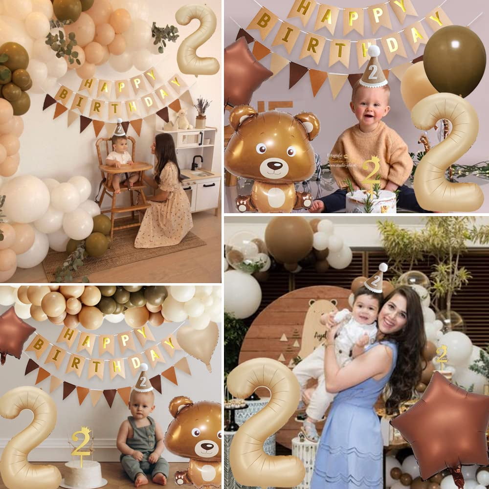 YANSION 2nd Birthday Decorations, Boho Birthday Decoration, Bear Theme Party Decoration with Giant Bear Foil Balloon,  Number 2 Balloon, Beige Coffee Balloon for Boys Girls Baby 2 Year Old Birthday