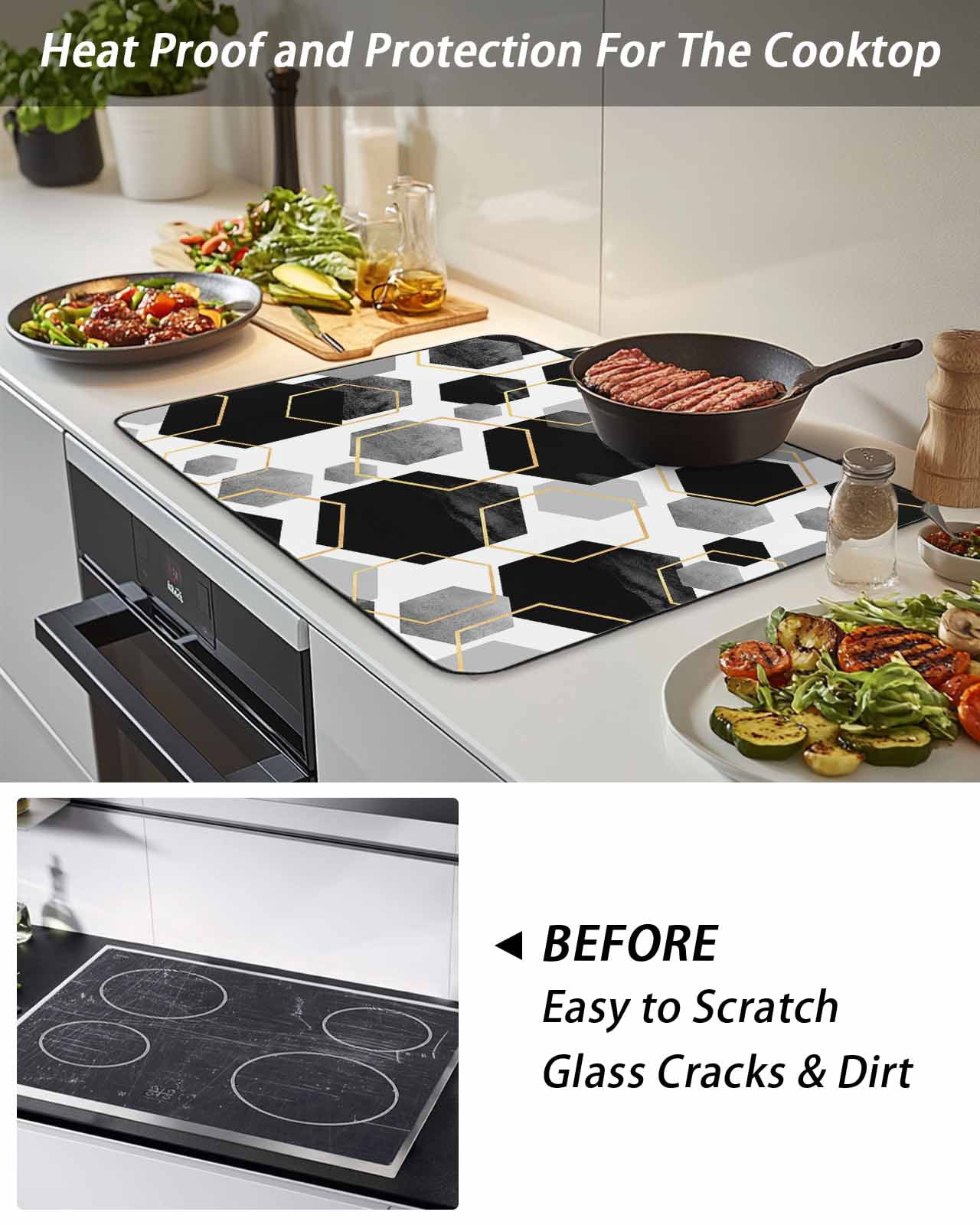 Stove Top Covers for Electric Stove, Black Grey Glass Stovetop Cover Protector, Geometric Gold White Hexagon Modern Induction Cooktop Protector Oven Mat for Kitchen Countertop 24"x21"