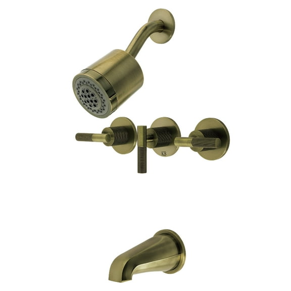 Kingston Brass KBX8133KNL Convergent Triple-Handle Tub and Shower Faucet with Knurled Handle, Antique Brass