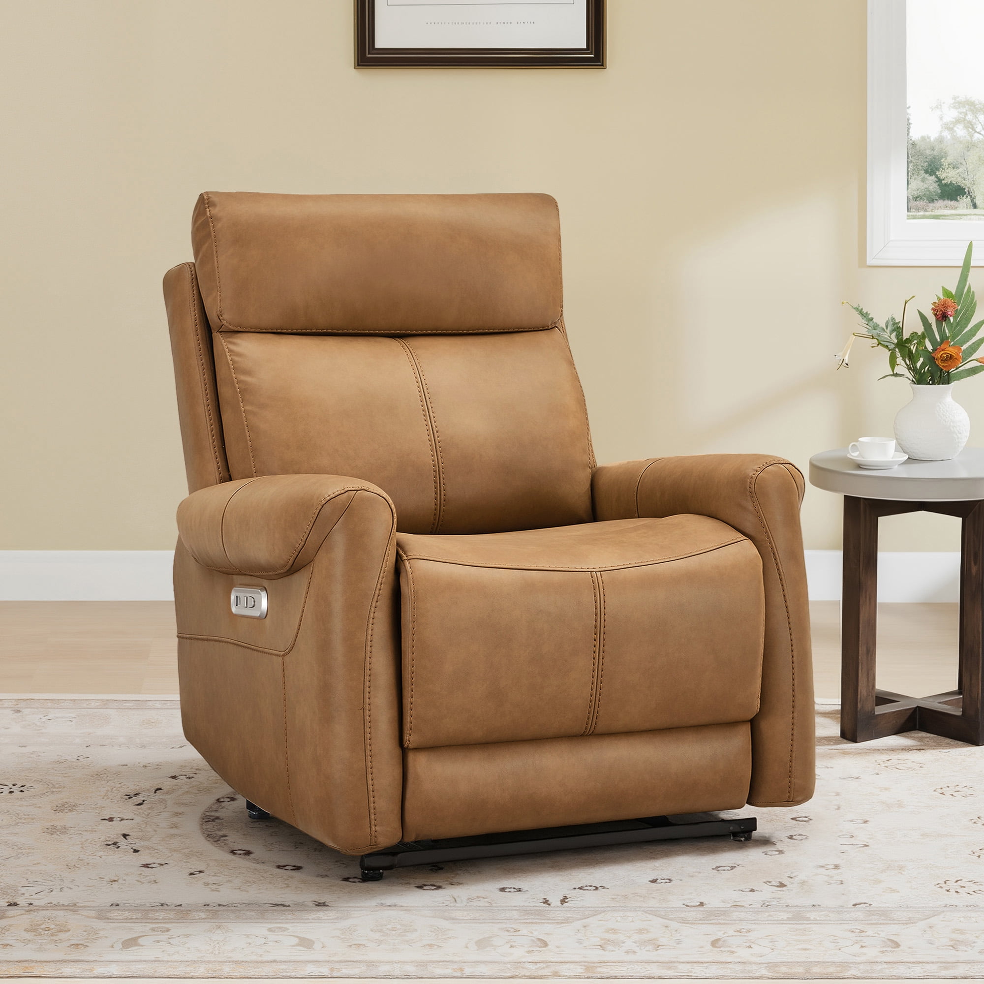Spruce & Spring Power Recliner Chair, Wall Hugger Reclining Chair for Living Room, Bedroom, Faux Leather, Saddle Brown