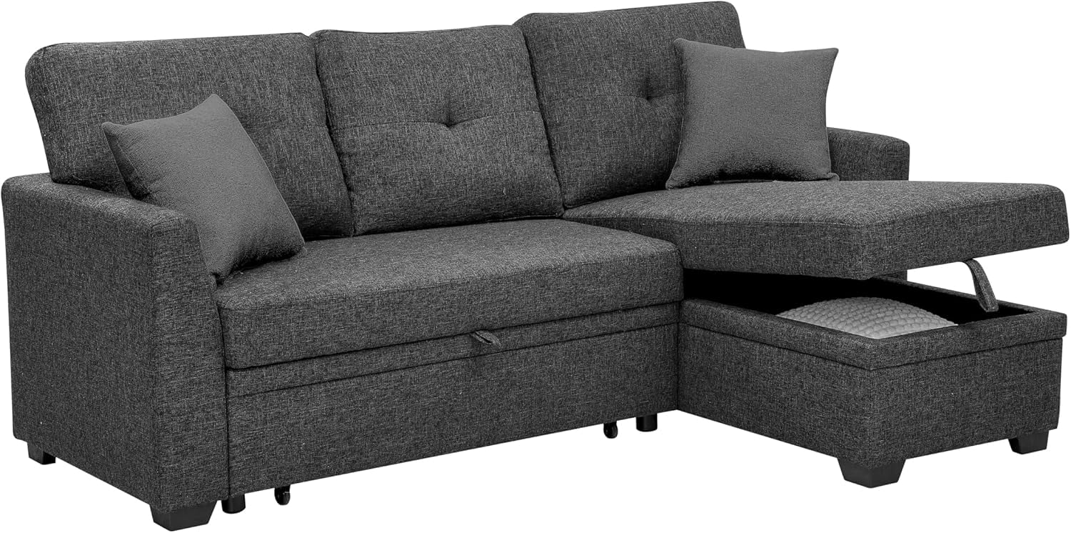 Convertible Sleeper Sofa Bed, 76.5" L Shaped Sectional Couch With Pull Out Bed Reversible Storage Chaise Compact Linen Sofa Small Space Apartment Living Room,Charcoal Black