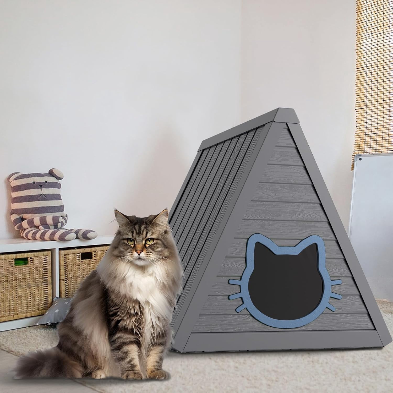 Triangle Outdoor Cat House - Resin Cat House, Elevated & Ventilated Cat Houses for Outdoor Cats in Garden, Patio, or Yard