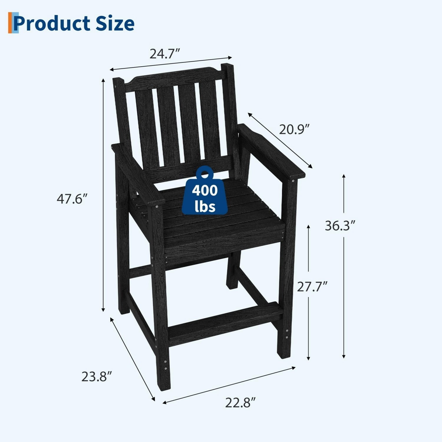 Adirondack Bar Chair Set of 2, HDPE Outdoor Bar Stools with Footrest, All Weather Adirondack Bar Height Chairs for Patio, Balcony, Porch, Deck, Poolside, Obsidian