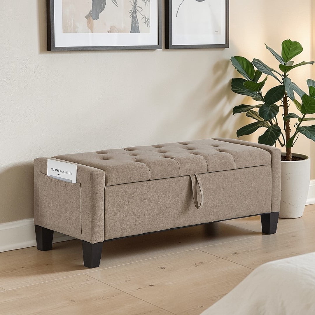 GZXS 45 Inch Upholstered Storage Bench in Linen, Tufted Ottoman Seat with Side Pocket for Bedroom, Entryway, Small Apartments