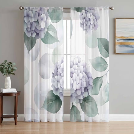Spring Botanical Sheer Curtains 63 Inch Length 2 Panels Set Eucalyptus Leaves Hydrangea Summer Voile Window Treatment Rod Pocket Curtains Sheers Drapes for Bedroom/Living Room/Kitchen 52x 63 x2