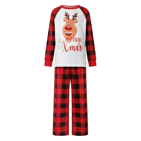 

Gureui Christmas Matching Parent-Child Family Pajama Set Cartoon Elk Letter Printed Long Sleeve Round Neck Tops + Plaid Trousers / Baby Romper
