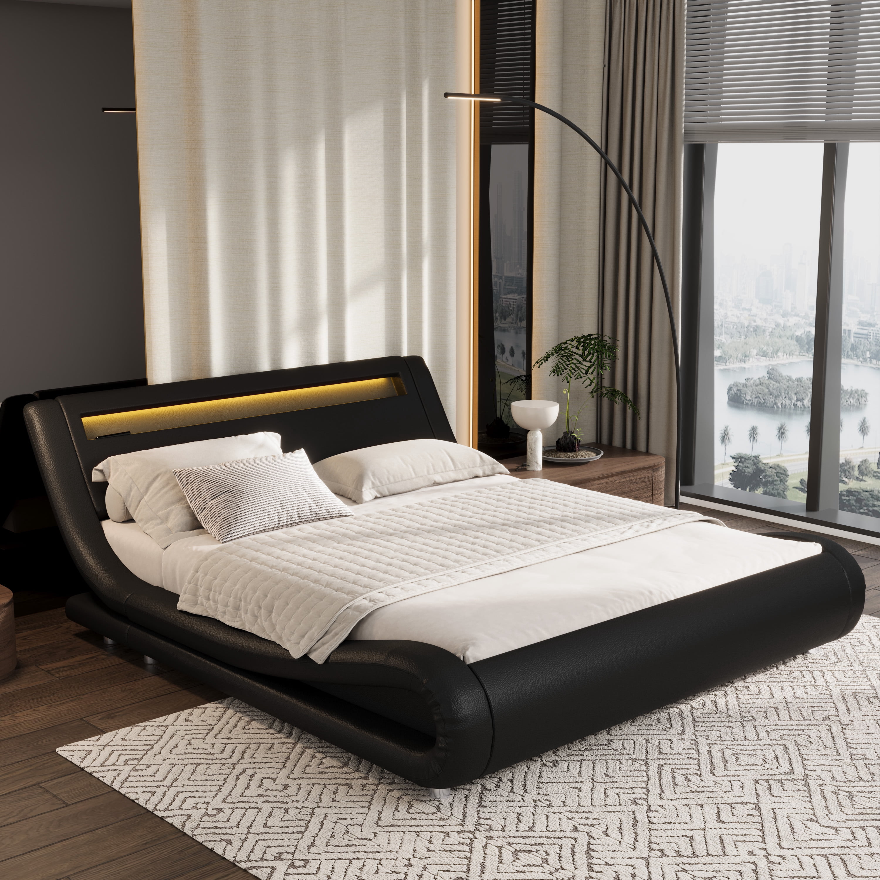 Sifurni Queen size Wave-Like Curve Deluxe Upholstered Modern Bed Frame with LED Headboard, Black