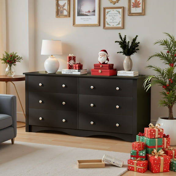 Vineego 6-Drawer Wide Dresser,Classic Traditional Double Dresser with Deep Storage, Rich Black Finish for Bedroom
