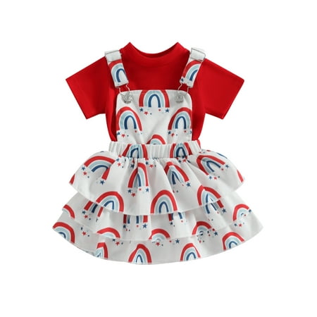 

Newborn Infant Baby Girl July 4th Outfit Clothes Short Sleeve High Collar Romper Suspender Cake Skirt Dress