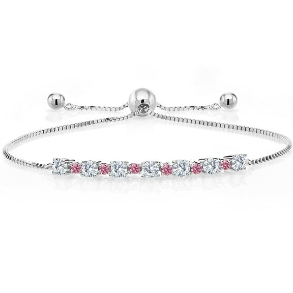Gem Stone King 0.82 Ct White and Pink Lab Grown Diamond 925 Silver Adjustable Tennis Bracelet for Women up to 9 inch